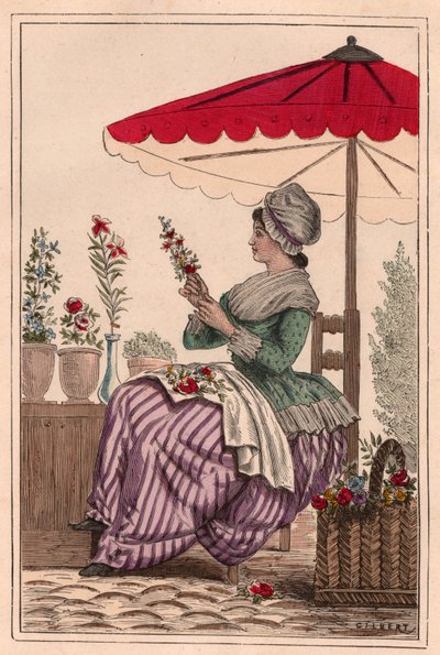 A Flower Girl Sitting Under an Umbrella Making Bouquets of Red Flowers by Unknown